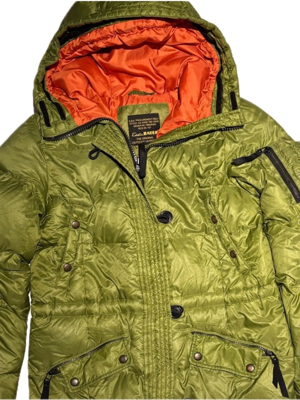 Eddie Bauer Hooded Down Jacket Men's Small Olive Green Orange EB650 Puffer